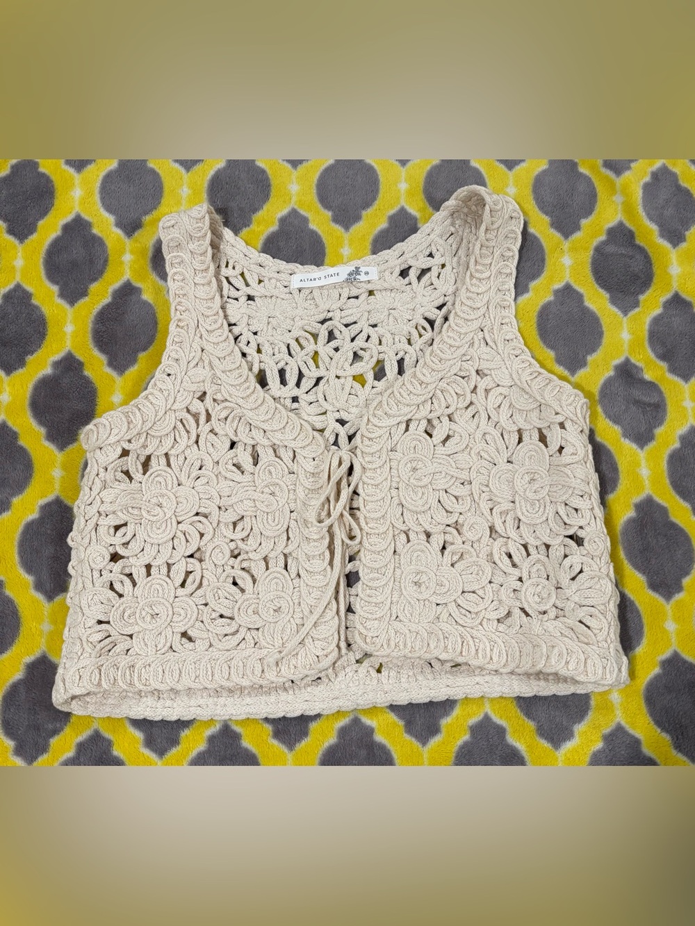 Altar'd State Cream Crochet Floral Tie-Front Top